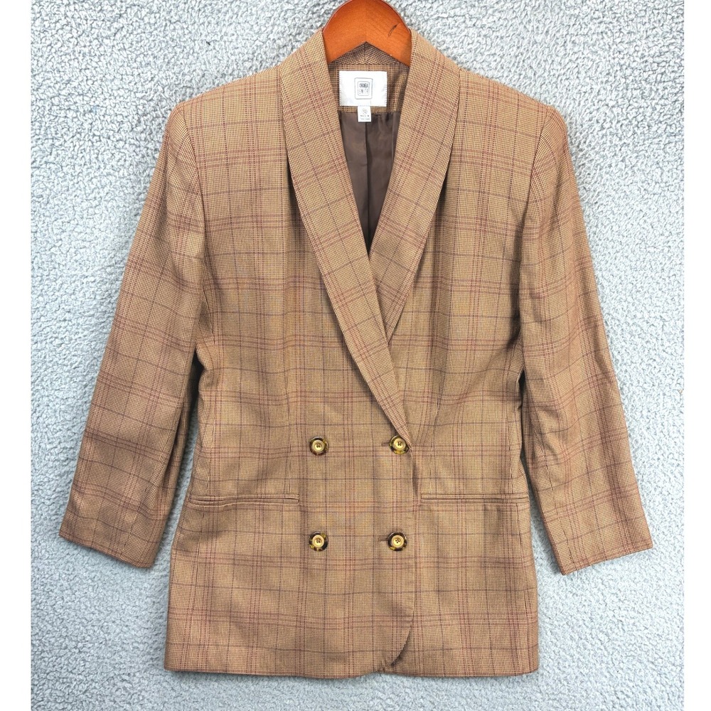 Amanda Smith Plaid Double Breasted Blazer Womens 10 Tan Brown Preppy Tailored